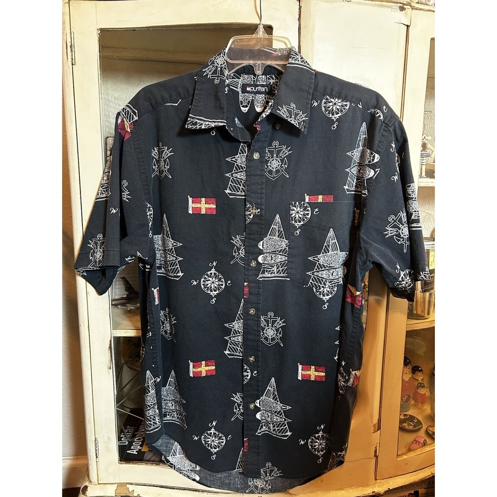 90s VINTAGE Men's M Black Nautical Fisherman Boat Button Short Sleeve Shirt